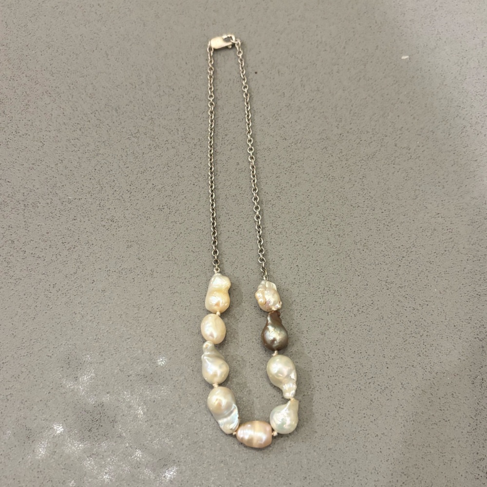 Baroque Pearl Pendant Necklace - Iridescent Pearls on Silver Chain